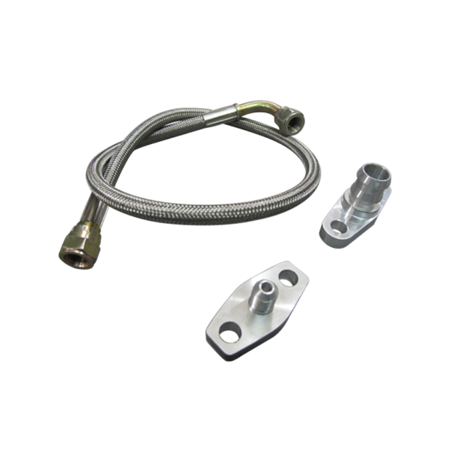 Universal 24" Turbo Oil Feed Hose Line Kit Braided AN4 w/ Restrictor + Drain Flange